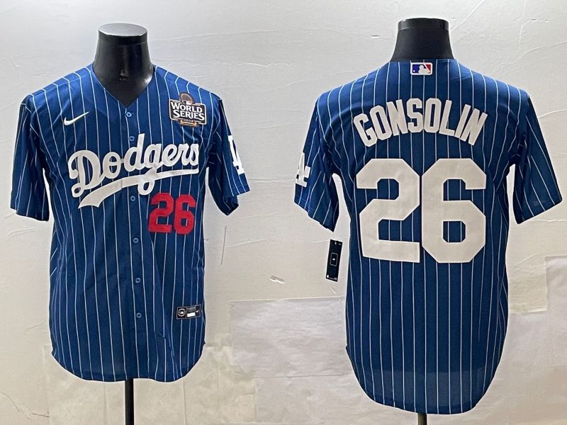 Men Los Angeles Dodgers 26 Gonsolin Blue Stripe Fashion Game 2025 Nike MLB Jersey style 2
